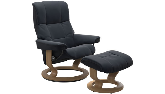 Stressless Mayfair Recliner with Classic Base and Stool in Paloma Shadow Blue Leather